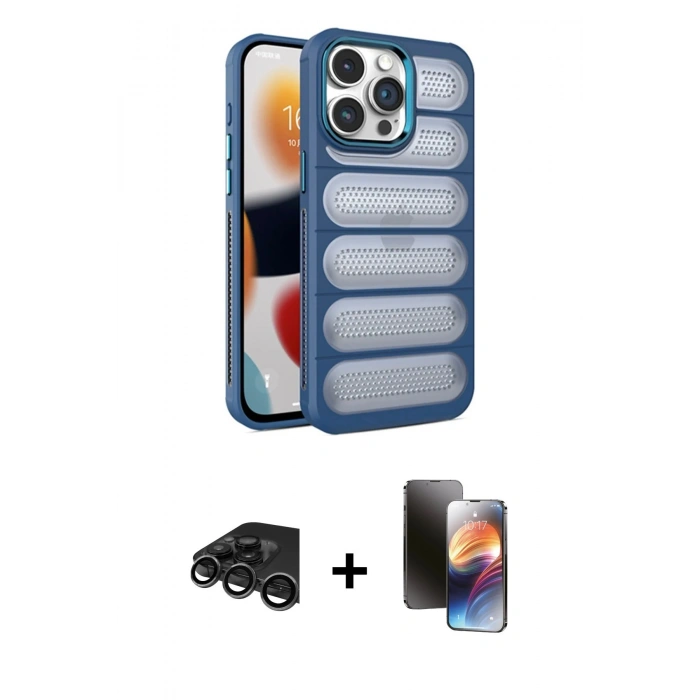 MARSİLYAN™- iPhone 15 Pro Max Kılıf Yadigar Doku Özel Seri - Siyah 3D Antistatik Mat Seramik Nano Ekran Koruyucu + Titanyum Gri Raze Metal Kamera Lens