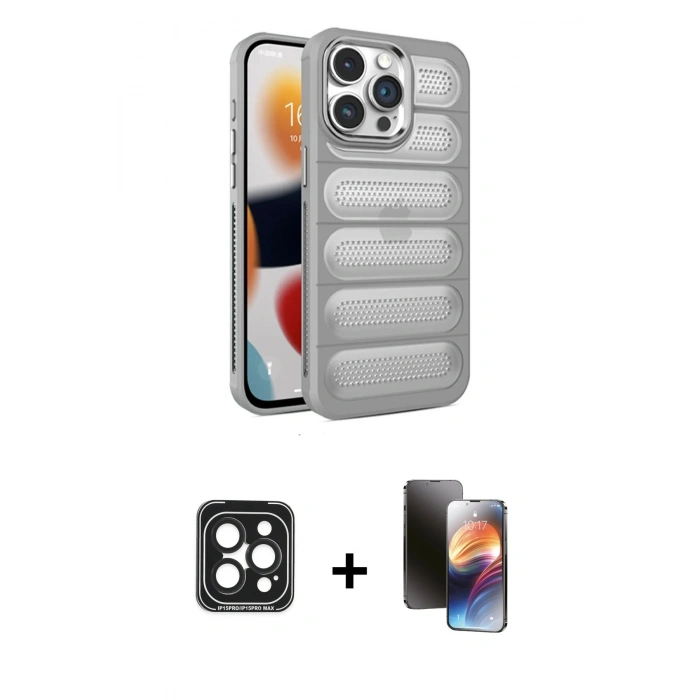 MARSİLYAN™- iPhone 15 Pro Max Kılıf Yadigar Doku Özel Seri - Siyah 3D Antistatik Mat Seramik Nano Ekran Koruyucu + PVD Metal Kamera Lens - SH