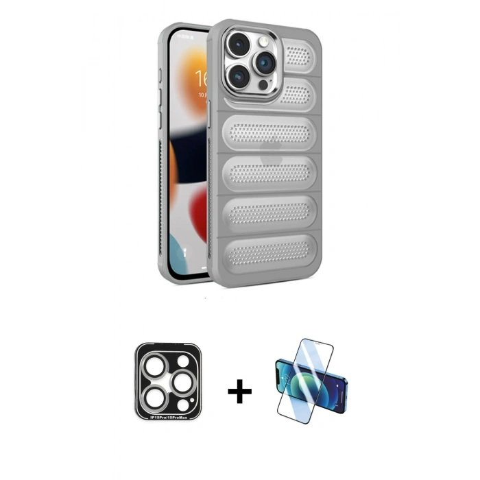 MARSİLYAN™- iPhone 15 Pro Max Kılıf Yadigar Doku Özel Seri - Siyah 3D Antistatik Seramik Nano Ekran Koruyucu + PVD Metal Kamera Lens - GS