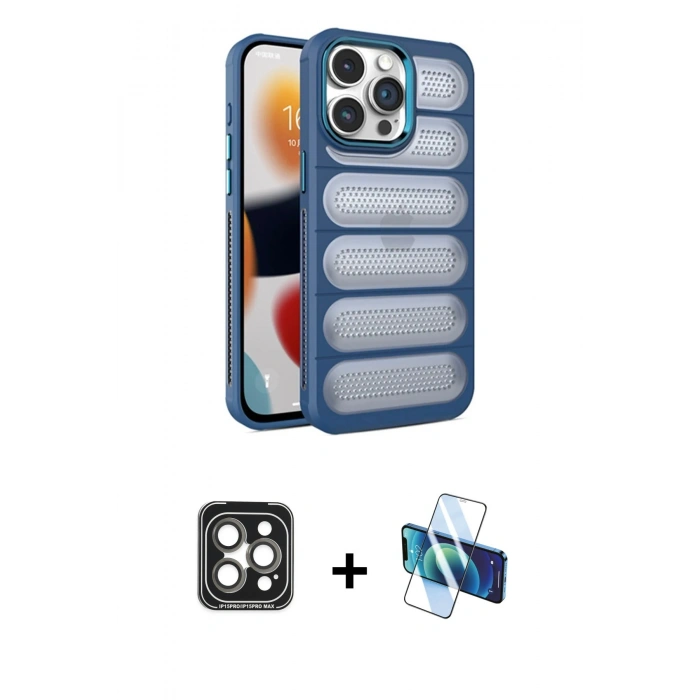 MARSİLYAN™- iPhone 15 Pro Max Kılıf Yadigar Doku Özel Seri - Siyah 3D Antistatik Seramik Nano Ekran Koruyucu + PVD Metal Kamera Lens - GI