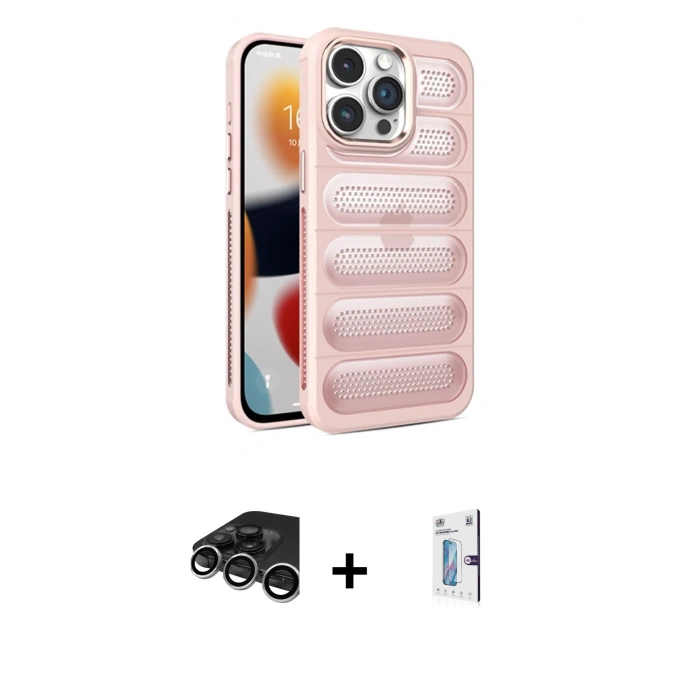 MARSİLYAN™- iPhone 15 Pro Max Kılıf Yadigar Doku Özel Seri - Siyah Bilvis 0.18mm Plus Cam Ekran Koruyucu + Raze Metal Kamera Lens - GS