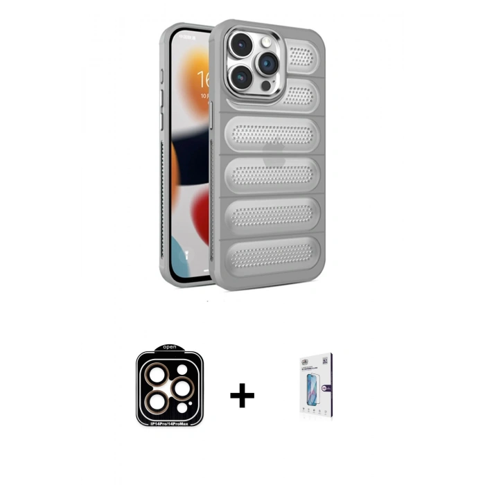 MARSİLYAN™- iPhone 15 Pro Max Kılıf Yadigar Doku Özel Seri - Siyah Bilvis 0.18mm Plus Cam Ekran Koruyucu + PVD Metal Kamera Lens - TU