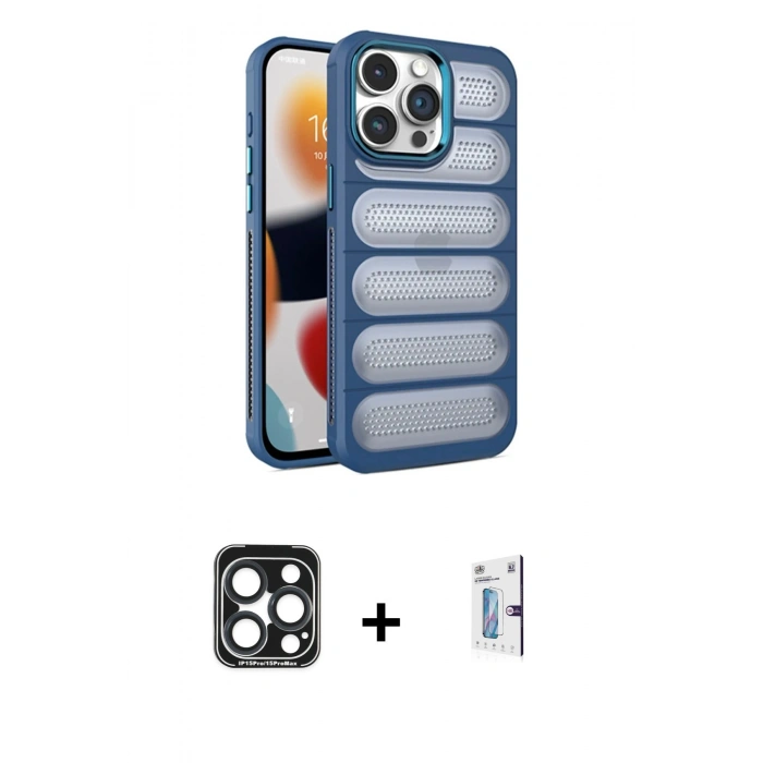 MARSİLYAN™- iPhone 15 Pro Max Kılıf Yadigar Doku Özel Seri - Siyah Bilvis 0.18mm Plus Cam Ekran Koruyucu + PVD Metal Kamera Lens - LT