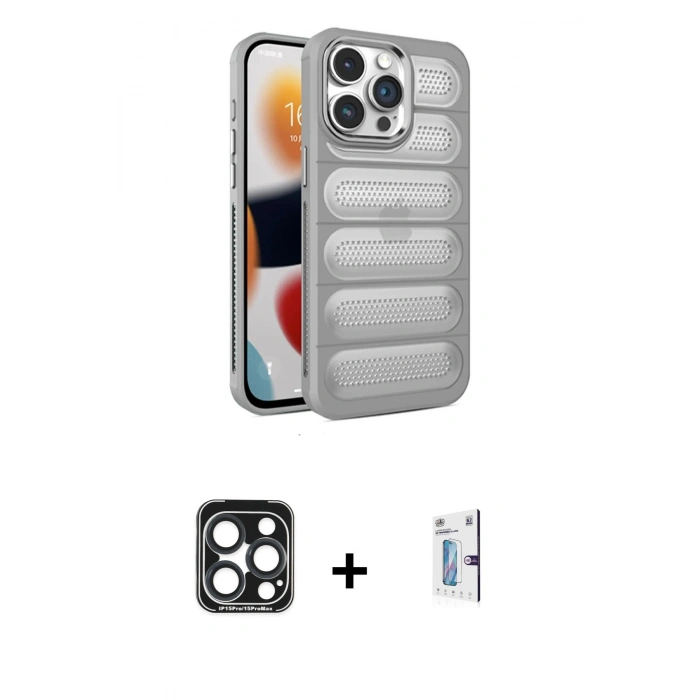 MARSİLYAN™- iPhone 15 Pro Max Kılıf Yadigar Doku Özel Seri - Siyah Bilvis 0.18mm Plus Cam Ekran Koruyucu + PVD Metal Kamera Lens - LT