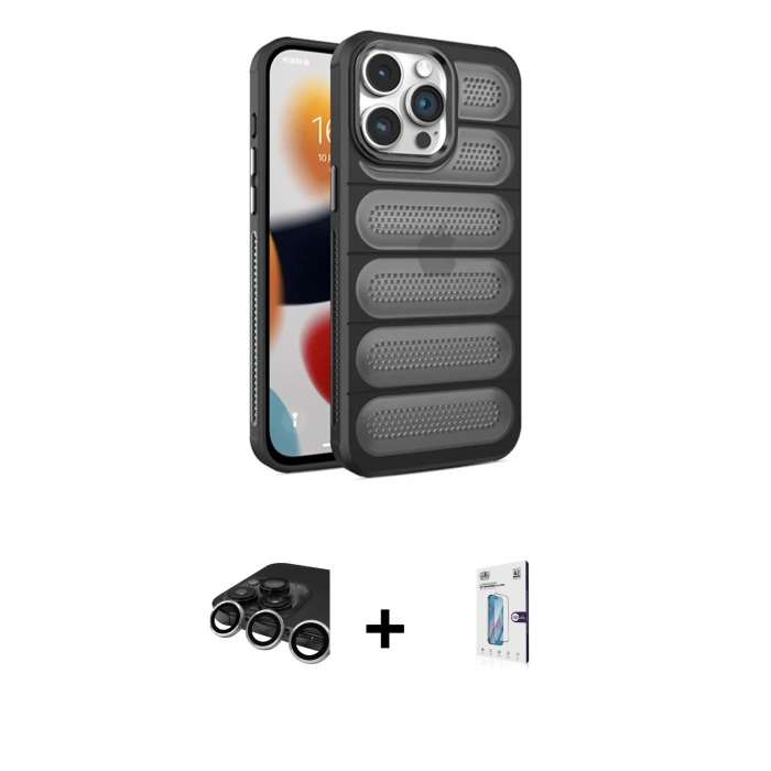 MARSİLYAN™- iPhone 15 Pro Max Kılıf Yadigar Doku Özel Seri - Siyah Bilvis 0.18mm Plus Cam Ekran Koruyucu + Raze Metal Kamera Lens - GS