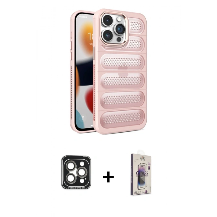 MARSİLYAN™- iPhone 15 Pro Max Kılıf Yadigar Doku Özel Seri - Siyah Bilvis 3D Cam Ekran Koruyucu + PVD Metal Kamera Lens - GI