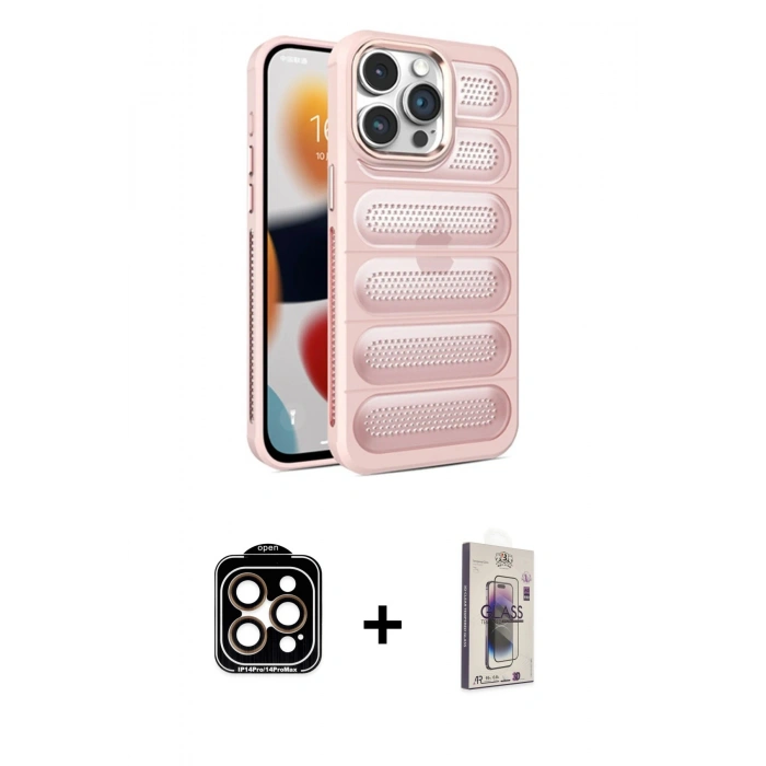 MARSİLYAN™- iPhone 15 Pro Max Kılıf Yadigar Doku Özel Seri - Siyah Bilvis 3D Cam Ekran Koruyucu + PVD Metal Kamera Lens - TU