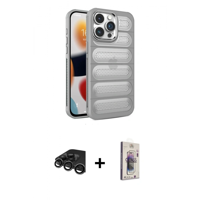 MARSİLYAN™- iPhone 15 Pro Max Kılıf Yadigar Doku Özel Seri - Siyah Bilvis 3D Cam Ekran Koruyucu + Raze Metal Kamera Lens - TMGI