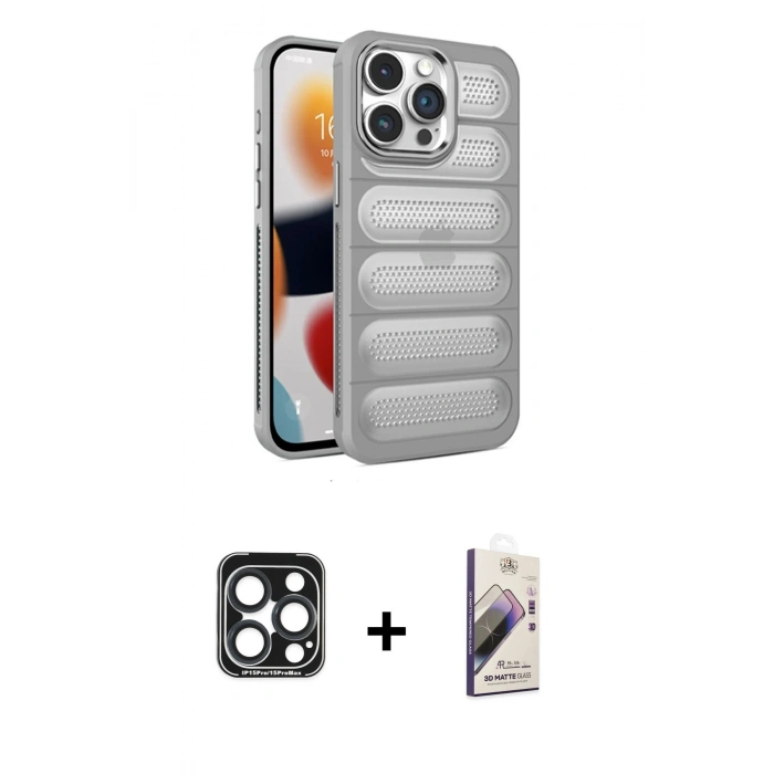MARSİLYAN™- iPhone 15 Pro Max Kılıf Yadigar Doku Özel Seri - Siyah Bilvis 3D Mat Cam Ekran Koruyucu + PVD Metal Kamera Lens - LT
