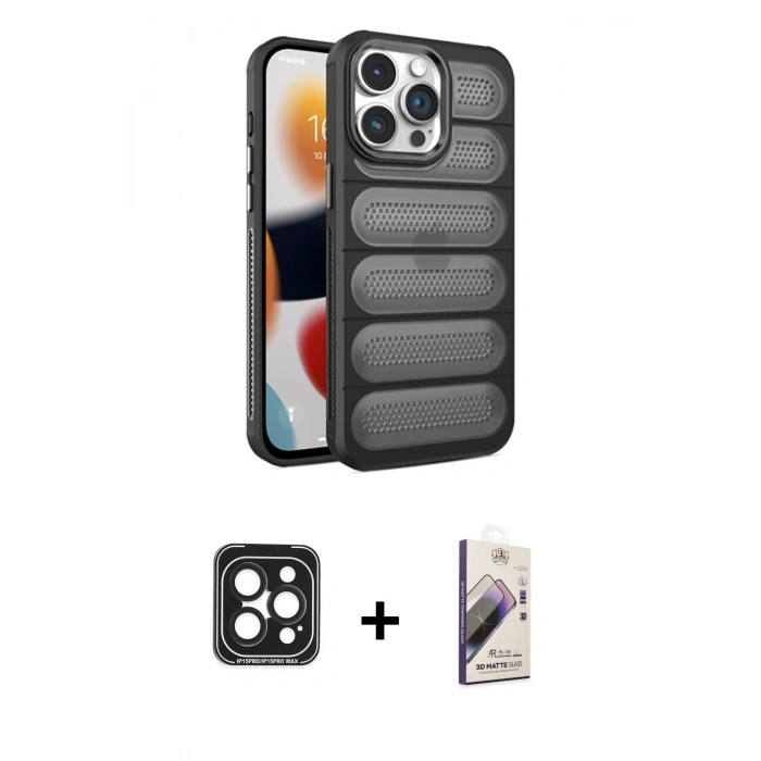 MARSİLYAN™- iPhone 15 Pro Max Kılıf Yadigar Doku Özel Seri - Siyah Bilvis 3D Mat Cam Ekran Koruyucu + PVD Metal Kamera Lens - SH