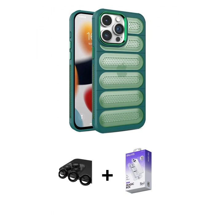 MARSİLYAN™- iPhone 15 Pro Max Kılıf Yadigar Doku Özel Seri - Siyah Bilvis 5in1 3D Magic Cam Ekran Koruyucu + Siyah Raze Metal Kamera Lens