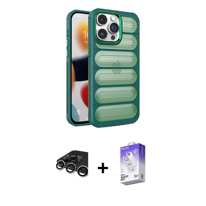 MARSİLYAN™- iPhone 15 Pro Max Kılıf Yadigar Doku Özel Seri - Siyah Bilvis 5in1 3D Magic Cam Ekran Koruyucu + Gümüş Raze Metal Kamera Lens