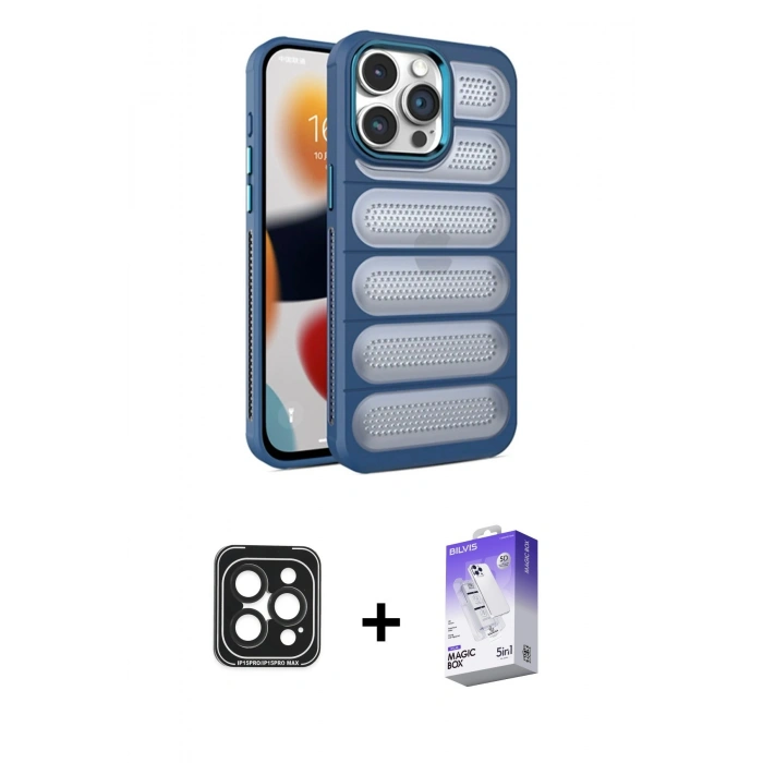 MARSİLYAN™- iPhone 15 Pro Max Kılıf Yadigar Doku Özel Seri - Siyah Bilvis 5in1 3D Magic Cam Ekran Koruyucu + PVD Metal Kamera Lens - SH