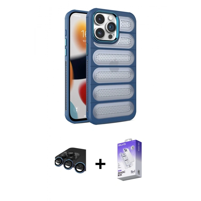 MARSİLYAN™- iPhone 15 Pro Max Kılıf Yadigar Doku Özel Seri - Siyah Bilvis 5in1 3D Magic Cam Ekran Koruyucu + Lacivert Raze Metal Kamera Lens