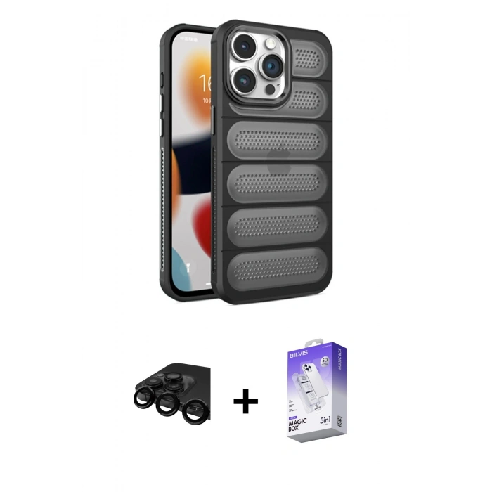 MARSİLYAN™- iPhone 15 Pro Max Kılıf Yadigar Doku Özel Seri - Siyah Bilvis 5in1 3D Magic Cam Ekran Koruyucu + Siyah Raze Metal Kamera Lens