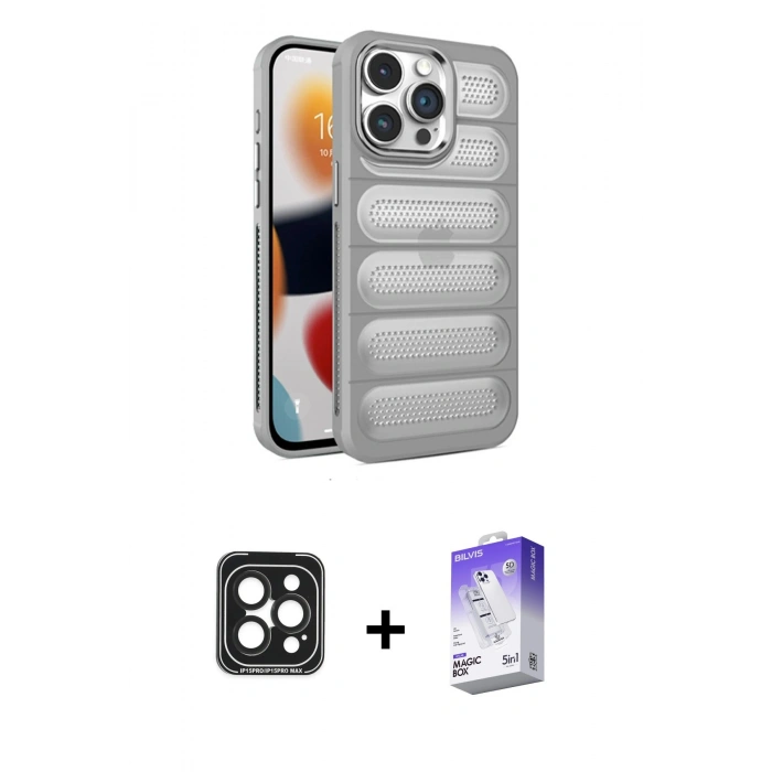 MARSİLYAN™- iPhone 15 Pro Max Kılıf Yadigar Doku Özel Seri - Siyah Bilvis 5in1 3D Magic Cam Ekran Koruyucu + PVD Metal Kamera Lens - SH