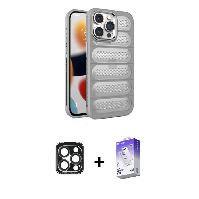 MARSİLYAN™- iPhone 15 Pro Max Kılıf Yadigar Doku Özel Seri - Siyah Bilvis 5in1 3D Magic Cam Ekran Koruyucu + PVD Metal Kamera Lens - LT