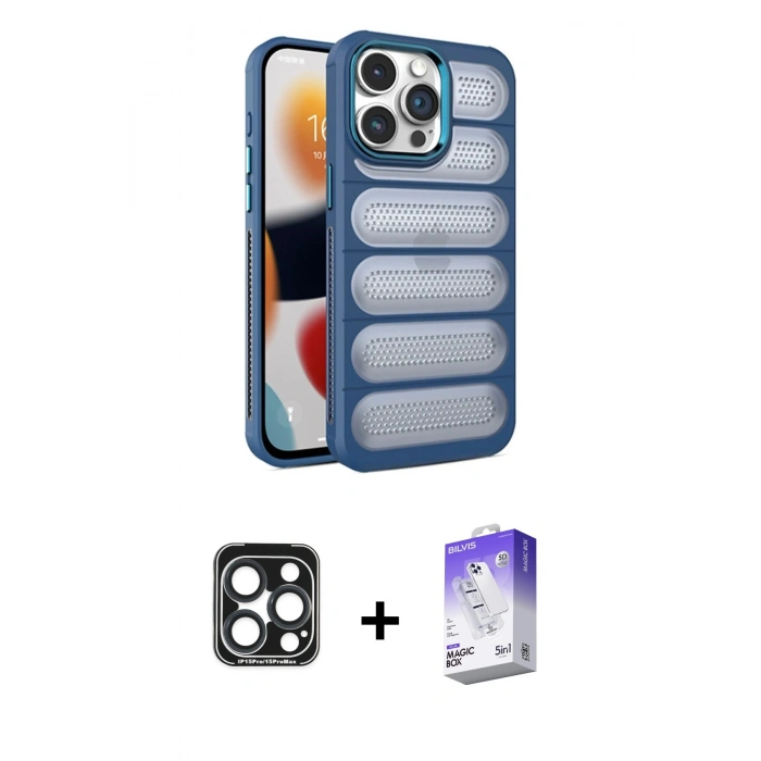 MARSİLYAN™- iPhone 15 Pro Max Kılıf Yadigar Doku Özel Seri - Siyah Bilvis 5in1 3D Magic Cam Ekran Koruyucu + PVD Metal Kamera Lens - LT