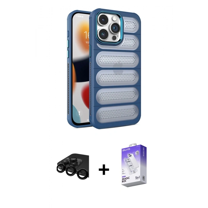 MARSİLYAN™- iPhone 15 Pro Max Kılıf Yadigar Doku Özel Seri - Siyah Bilvis 5in1 3D Magic Cam Ekran Koruyucu + Siyah Raze Metal Kamera Lens