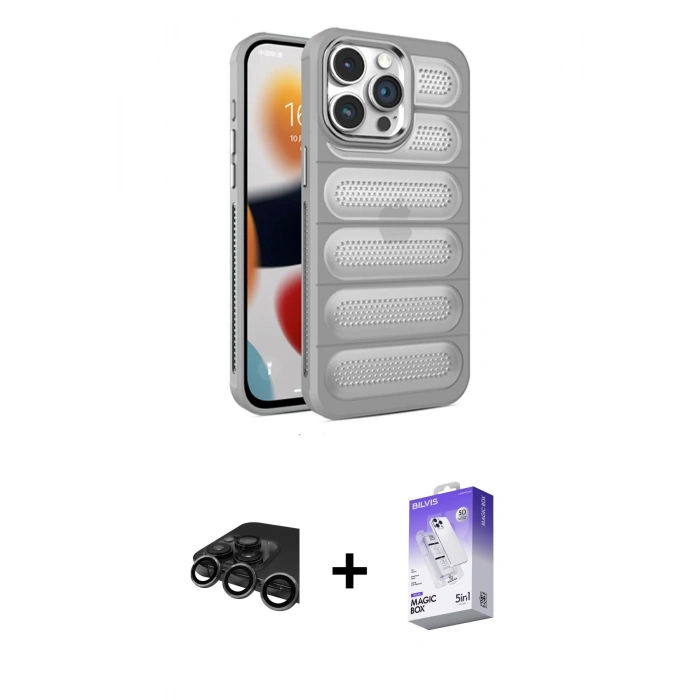 MARSİLYAN™- iPhone 15 Pro Max Kılıf Yadigar Doku Özel Seri - Siyah Bilvis 5in1 3D Magic Cam Ekran Koruyucu + Raze Metal Kamera Lens - TMGI