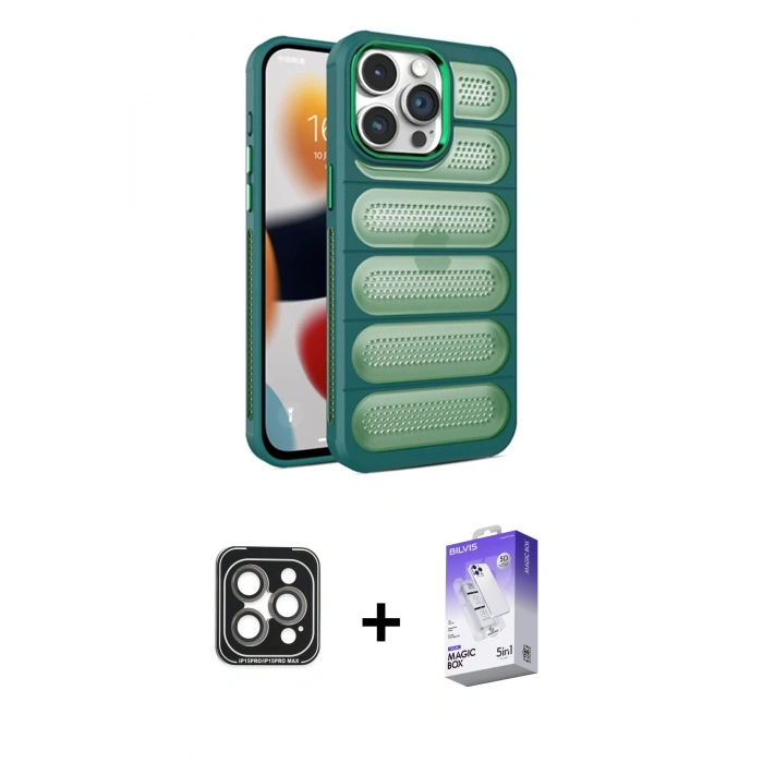 MARSİLYAN™- iPhone 15 Pro Max Kılıf Yadigar Doku Özel Seri - Siyah Bilvis 5in1 3D Magic Cam Ekran Koruyucu + PVD Metal Kamera Lens - GI
