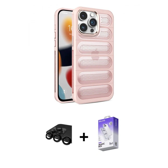 MARSİLYAN™- iPhone 15 Pro Max Kılıf Yadigar Doku Özel Seri - Siyah Bilvis 5in1 3D Magic Cam Ekran Koruyucu + Siyah Raze Metal Kamera Lens