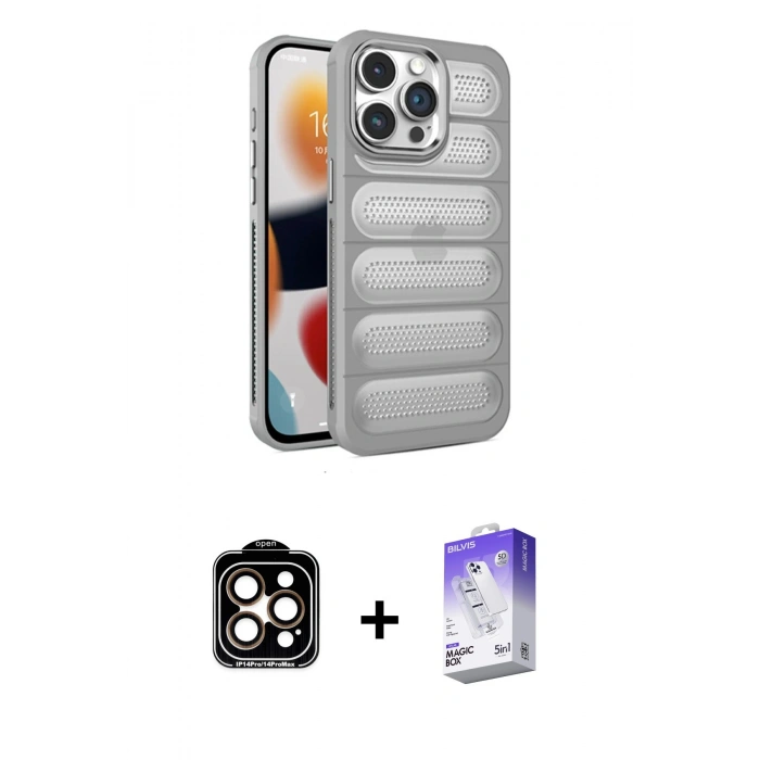MARSİLYAN™- iPhone 15 Pro Max Kılıf Yadigar Doku Özel Seri - Siyah Bilvis 5in1 3D Magic Cam Ekran Koruyucu + Turuncu PVD Metal Kamera Lens