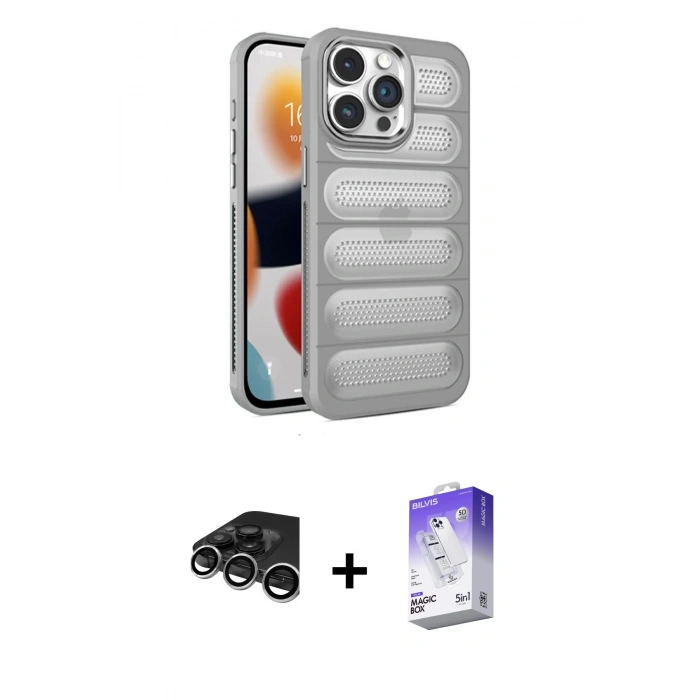 MARSİLYAN™- iPhone 15 Pro Max Kılıf Yadigar Doku Özel Seri - Siyah Bilvis 5in1 3D Magic Cam Ekran Koruyucu + Gümüş Raze Metal Kamera Lens