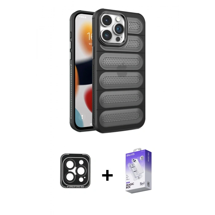 MARSİLYAN™- iPhone 15 Pro Max Kılıf Yadigar Doku Özel Seri - Siyah Bilvis 5in1 3D Magic Cam Ekran Koruyucu + PVD Metal Kamera Lens - SH