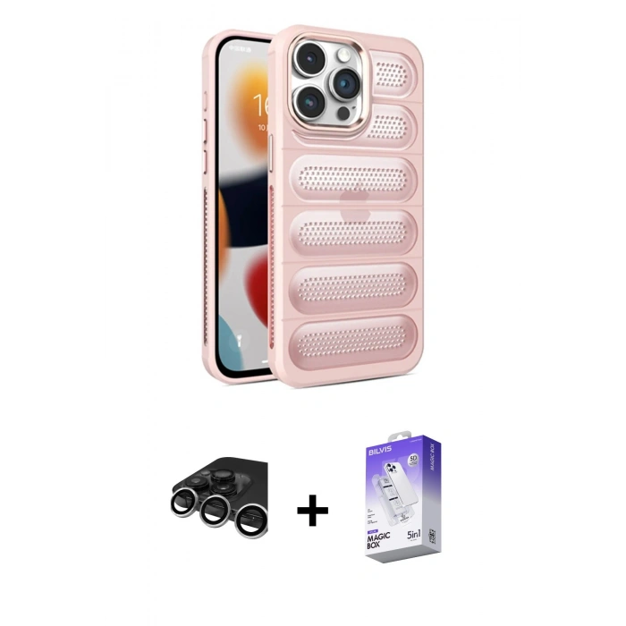 MARSİLYAN™- iPhone 15 Pro Max Kılıf Yadigar Doku Özel Seri - Siyah Bilvis 5in1 3D Magic Cam Ekran Koruyucu + Gümüş Raze Metal Kamera Lens