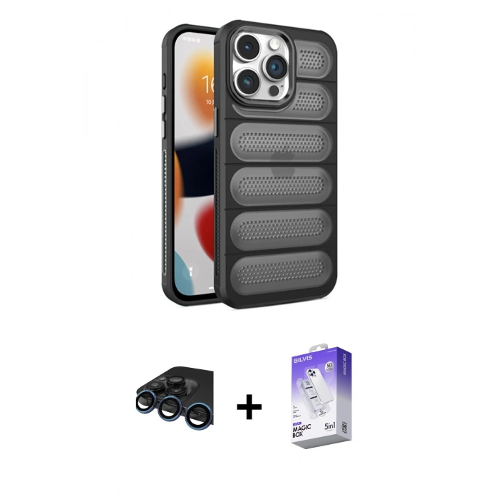 MARSİLYAN™- iPhone 15 Pro Max Kılıf Yadigar Doku Özel Seri - Siyah Bilvis 5in1 3D Magic Cam Ekran Koruyucu + Raze Metal Kamera Lens - LT