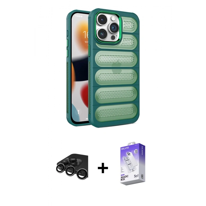 MARSİLYAN™- iPhone 15 Pro Max Kılıf Yadigar Doku Özel Seri - Siyah Bilvis 5in1 3D Magic Cam Ekran Koruyucu + Raze Metal Kamera Lens - TMGI