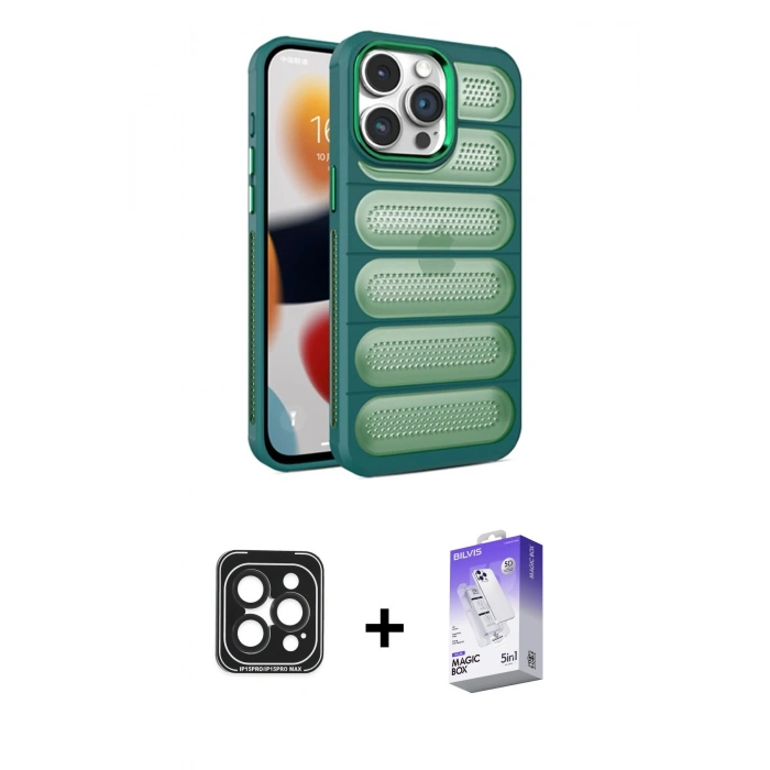 MARSİLYAN™- iPhone 15 Pro Max Kılıf Yadigar Doku Özel Seri - Siyah Bilvis 5in1 3D Magic Cam Ekran Koruyucu + PVD Metal Kamera Lens - SH