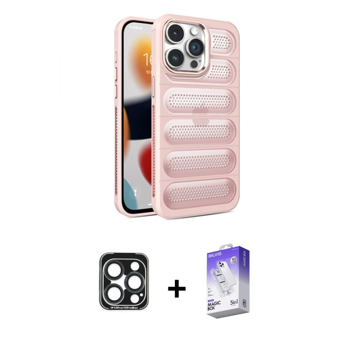 MARSİLYAN™- iPhone 15 Pro Max Kılıf Yadigar Doku Özel Seri - Siyah Bilvis 5in1 3D Magic Cam Ekran Koruyucu + PVD Metal Kamera Lens - LT