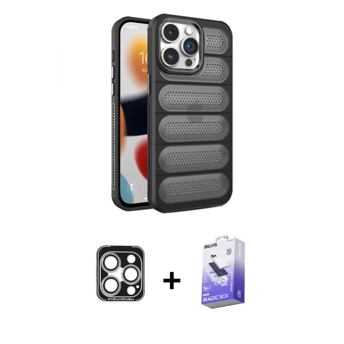 MARSİLYAN™- iPhone 15 Pro Max Kılıf Yadigar Doku Özel Seri - Siyah Bilvis 5in1 5D Magic Hayalet Cam Ekran Koruyucu + PVD Metal Kamera Lens - GS