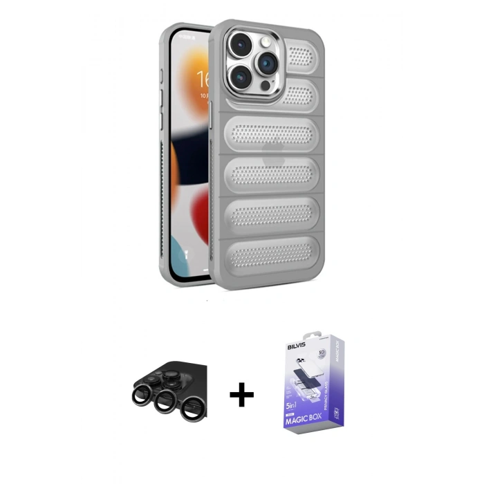 MARSİLYAN™- iPhone 15 Pro Max Kılıf Yadigar Doku Özel Seri - Siyah Bilvis 5in1 5D Magic Hayalet Cam Ekran Koruyucu + Titanyum Gri Raze Metal Kamera Lens