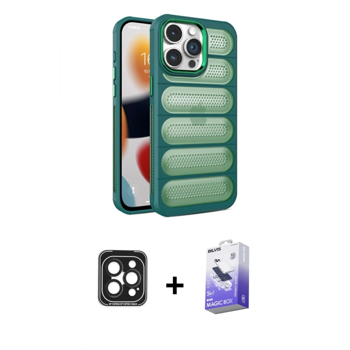 MARSİLYAN™- iPhone 15 Pro Max Kılıf Yadigar Doku Özel Seri - Siyah Bilvis 5in1 5D Magic Hayalet Cam Ekran Koruyucu + Siyah PVD Metal Kamera Lens