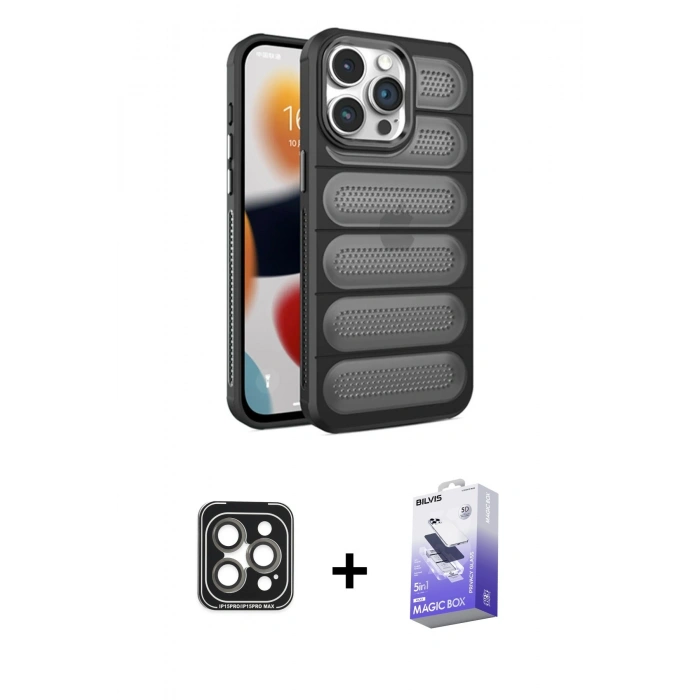 MARSİLYAN™- iPhone 15 Pro Max Kılıf Yadigar Doku Özel Seri - Siyah Bilvis 5in1 5D Magic Hayalet Cam Ekran Koruyucu + PVD Metal Kamera Lens - GI