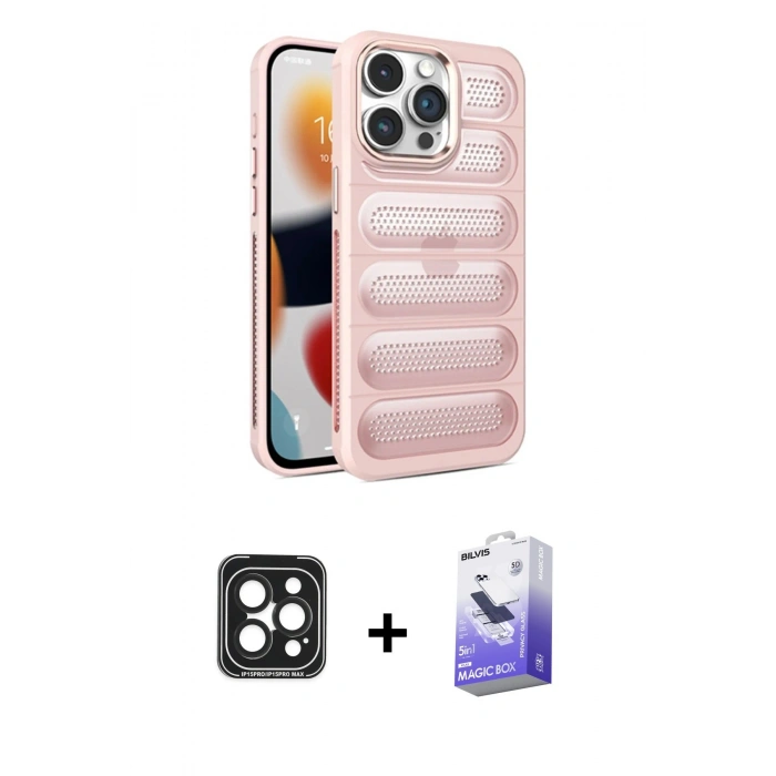 MARSİLYAN™- iPhone 15 Pro Max Kılıf Yadigar Doku Özel Seri - Siyah Bilvis 5in1 5D Magic Hayalet Cam Ekran Koruyucu + Siyah PVD Metal Kamera Lens