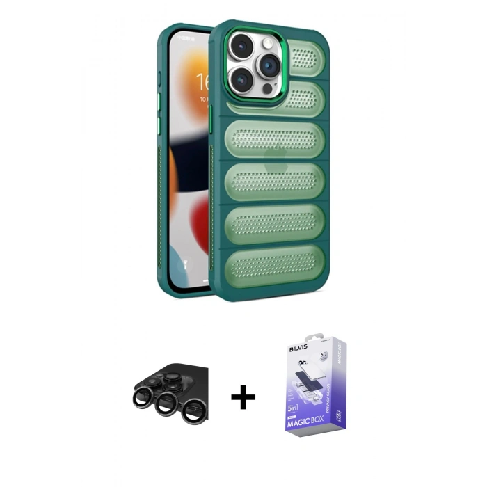 MARSİLYAN™- iPhone 15 Pro Max Kılıf Yadigar Doku Özel Seri - Siyah Bilvis 5in1 5D Magic Hayalet Cam Ekran Koruyucu + Titanyum Gri Raze Metal Kamera Lens