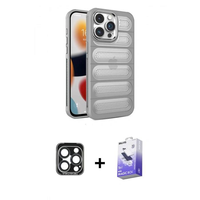 MARSİLYAN™- iPhone 15 Pro Max Kılıf Yadigar Doku Özel Seri - Siyah Bilvis 5in1 5D Magic Hayalet Cam Ekran Koruyucu + PVD Metal Kamera Lens - LT