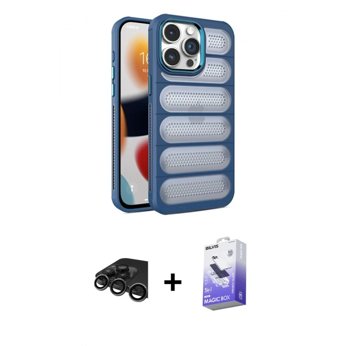 MARSİLYAN™- iPhone 15 Pro Max Kılıf Yadigar Doku Özel Seri - Siyah Bilvis 5in1 5D Magic Hayalet Cam Ekran Koruyucu + Raze Metal Kamera Lens - TMGI