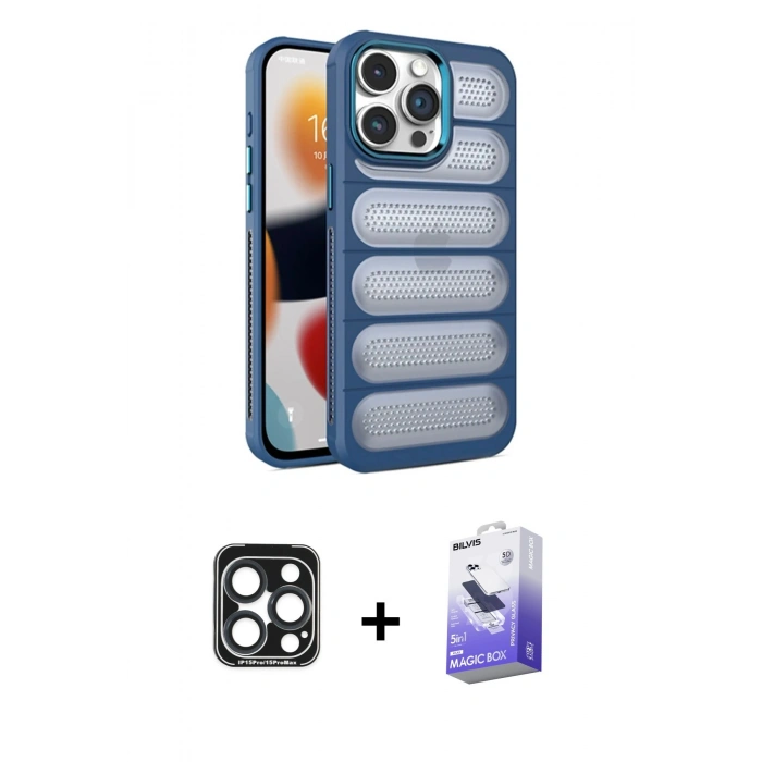 MARSİLYAN™- iPhone 15 Pro Max Kılıf Yadigar Doku Özel Seri - Siyah Bilvis 5in1 5D Magic Hayalet Cam Ekran Koruyucu + PVD Metal Kamera Lens - LT