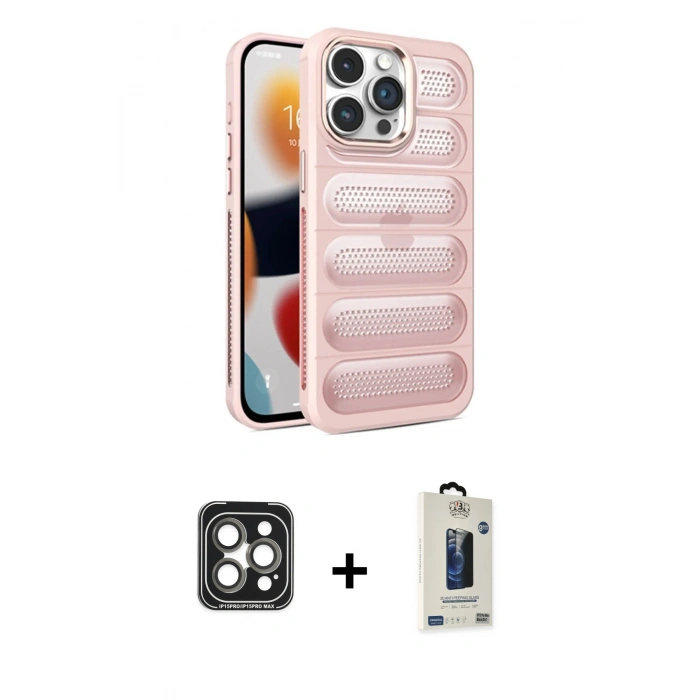 MARSİLYAN™- iPhone 15 Pro Max Kılıf Yadigar Doku Özel Seri - Siyah Bilvis Hayalet Cam Ekran Koruyucu + Gri PVD Metal Kamera Lens