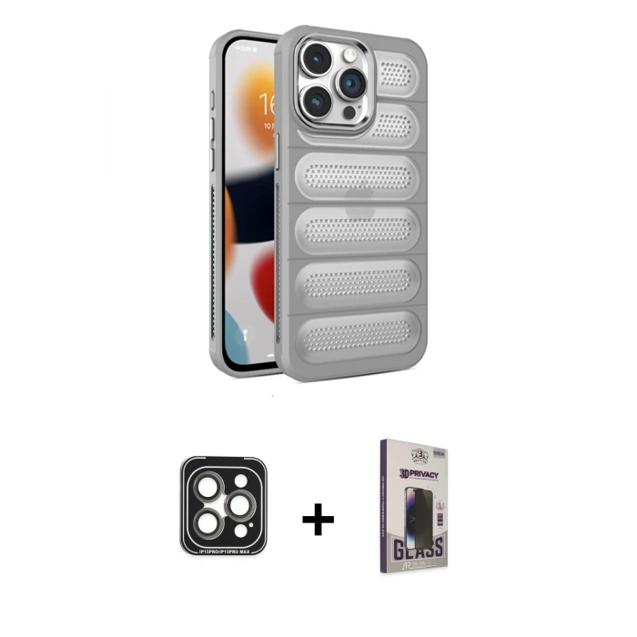 MARSİLYAN™- iPhone 15 Pro Max Kılıf Yadigar Doku Özel Seri - Siyah Bilvis Hayalet Cam Ekran Koruyucu + Gri PVD Metal Kamera Lens
