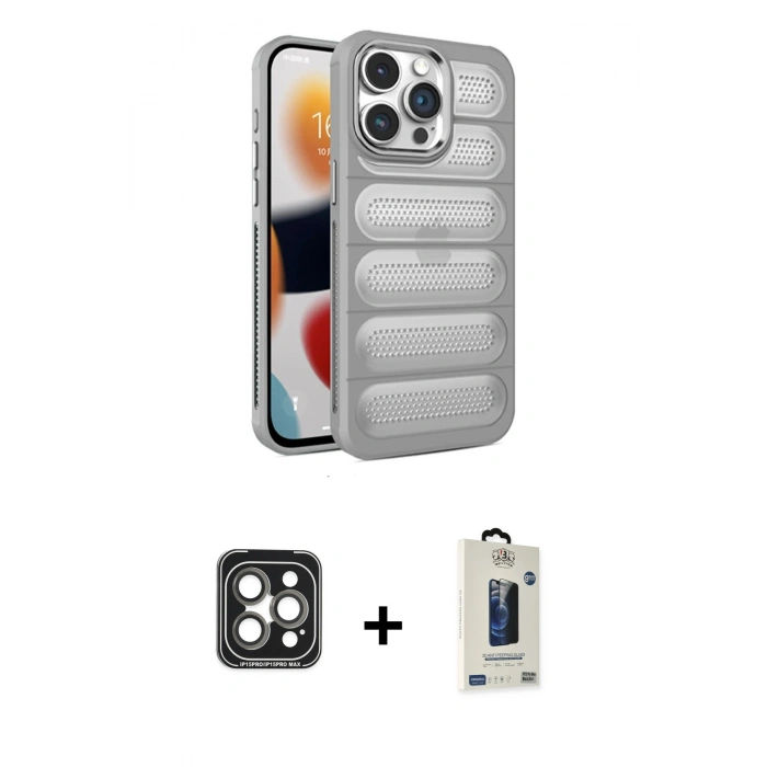 MARSİLYAN™- iPhone 15 Pro Max Kılıf Yadigar Doku Özel Seri - Siyah Bilvis Hayalet Cam Ekran Koruyucu + Gri PVD Metal Kamera Lens