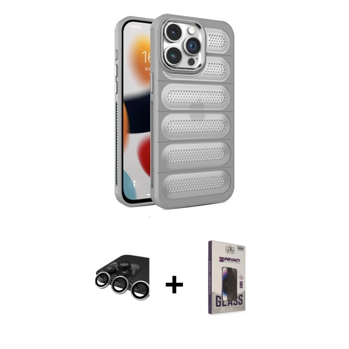 MARSİLYAN™- iPhone 15 Pro Max Kılıf Yadigar Doku Özel Seri - Siyah Bilvis Hayalet Cam Ekran Koruyucu + Gümüş Raze Metal Kamera Lens
