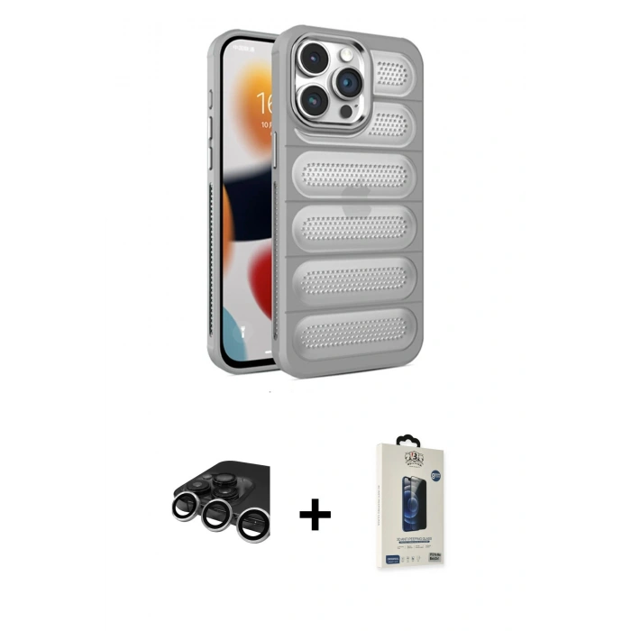 MARSİLYAN™- iPhone 15 Pro Max Kılıf Yadigar Doku Özel Seri - Siyah Bilvis Hayalet Cam Ekran Koruyucu + Raze Metal Kamera Lens - GS