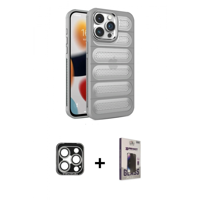 MARSİLYAN™- iPhone 15 Pro Max Kılıf Yadigar Doku Özel Seri - Siyah Bilvis Hayalet Cam Ekran Koruyucu + PVD Metal Kamera Lens - GS
