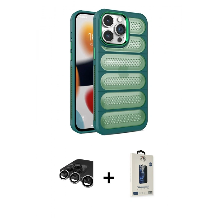 MARSİLYAN™- iPhone 15 Pro Max Kılıf Yadigar Doku Özel Seri - Siyah Bilvis Hayalet Cam Ekran Koruyucu + Raze Metal Kamera Lens - GS
